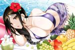  1girl black_hair braid breasts grey_hair hair_ornament highres koishikawa large_breasts long_braid long_hair looking_at_viewer mole mole_on_neck nijisanji open_mouth orange_eyes sarong shirayuki_tomoe single_braid solo swimsuit virtual_youtuber 