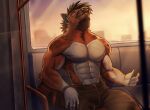  abs anthro earbuds headphones hi_res hyena male mammal marsel-defender muscular muscular_male pecs public rapid_transit relaxed_expression relaxing shirtless shirtless_male solo sunset train vehicle vincent_(ubl_soul) 