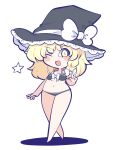  1girl bare_legs bikini black_bikini blonde_hair blush bow bowtie chahan_(fried_rice0614) hat highres kirisame_marisa looking_at_viewer one_eye_closed open_mouth shadow star_(symbol) swimsuit touhou v white_background white_bow white_bowtie witch_hat yellow_eyes 