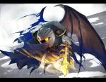  1boy cape commentary_request covering_mouth flying glowing glowing_sword glowing_weapon holding holding_sword holding_weapon itotani_sairen kirby_(series) male_focus mask meta_knight simple_background solo sword weapon wings yellow_eyes 