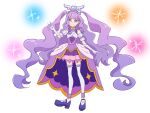  1girl aqua_eyes commentary_request cure_majesty dress elbow_gloves ellee-chan eyelashes fpminnie1 gloves hair_ornament happy highres hirogaru_sky!_precure long_hair looking_at_viewer magical_girl precure purple_dress purple_footwear purple_hair sketch smile solo spoilers standing thighhighs thighs very_long_hair white_background 