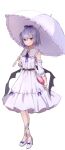  1girl bag bat_wings belt black_wings blush brown_belt closed_mouth crossed_legs dress full_body hair_between_eyes heart-shaped_bag highres holding holding_umbrella long_sleeves purple_hair purple_ribbon red_eyes remilia_scarlet revision ribbon shironeko_yuuki shoes short_hair shoulder_bag simple_background smile solo touhou umbrella white_background white_dress white_footwear wings 