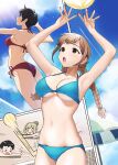  1boy 3girls akaori_umeka armpits arms_up ass bare_arms bare_legs bare_shoulders beach_umbrella bikini black_hair blonde_hair blue_bikini blue_eyes blue_sky braid braided_ponytail breasts brown_eyes brown_hair closed_eyes cloud doushimasho hair_bun hands_up highres jumping kirito_mihoko long_hair lying midriff mikan_sawamoto mole mole_on_arm mole_on_breast mole_under_eye multiple_girls nail_polish navel on_stomach one-piece_swimsuit open_mouth original outdoors pink_nails ponytail red_bikini short_hair side-tie_bikini_bottom sky speed_lines stomach sun sweat sweatdrop swimsuit thighs twin_braids umbrella underboob volleyball volleyball_net 