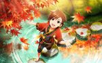  1boy autumn autumn_leaves brown_eyes brown_hair child flipped_hair full_body highres idolmaster idolmaster_side-m idolmaster_side-m_live_on_stage! japanese_clothes looking_up male_child male_focus official_art open_mouth palms pond reflection tachibana_shiro_(idolmaster) teeth toenails toes upper_teeth_only water 