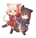  2girls :d animal_ear_fluff animal_ears aoi_hane aqua_ribbon arms_up black_hair black_socks blonde_hair blue_dress blue_ribbon blush brown_footwear cat_ears cat_girl cat_tail chibi collared_shirt commentary_request dog_ears dog_girl dog_tail dress full_body grey_dress hair_ribbon highres inoue_takina kemonomimi_mode kneehighs long_hair long_sleeves looking_at_viewer lycoris_recoil multiple_girls neck_ribbon nishikigi_chisato no_pupils one_side_up open_mouth parted_lips partial_commentary pleated_dress purple_eyes red_dress red_eyes red_ribbon ribbon shirt short_hair sidelocks simple_background smile socks sweatdrop tail twitter_username two-tone_dress white_background white_shirt 