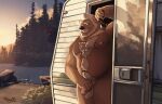  2019 amazing_background anthro balls barazoku bear beard bedroom_eyes body_hair bolox chest_hair detailed_background facial_hair forest fur genitals hair hairy happy_trail hi_res lake looking_at_viewer male mammal mature_anthro mature_male mobile_home moobs narrowed_eyes nipples outside overweight overweight_anthro overweight_male penis plant portrait public public_nudity seductive smirking_at_viewer smoking_pipe solo st.boogie standing_in_doorway sunset tan_body tan_fur three-quarter_portrait touching_penis tree white_hair 