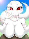  2018 absurd_res albino anthro arm_tattoo big_breasts big_eyes big_tail biped blep blush breasts bust_portrait crusch_lulu day detailed_background digital_drawing_(artwork) digital_media_(artwork) eyelashes featureless_breasts female front_view hi_res huge_breasts light lizard lizardman lizardman_(overlord) long_tail looking_down milkteafox neck_tattoo non-mammal_breasts nude outside overlord_(series) pink_tattoo pink_tongue portrait pupils red_eyes reptile scalie shaded slit_pupils smile soft_shading solo sun sunlight tail tail_tattoo tattoo thick_tail tongue tongue_out tribal tribal_tattoo white_body white_pupils 