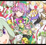  1boy absurdres bell black_gloves blonde_hair blue_hair bow bowtie candle character_doll christmas christmas_tree confetti gift gloves green_hair green_jacket hat highres hoshi-toge jacket kamishiro_rui kusanagi_nene long_hair long_sleeves looking_at_viewer male_focus multicolored_hair nenerobo ootori_emu pants pink_eyes pink_hair project_sekai purple_bow purple_bowtie purple_eyes purple_hair santa_hat seinaru_yoru_ni_kono_utagoe_o_(project_sekai) short_hair streaked_hair tenma_tsukasa white_pants wonderlands_x_showtime_(project_sekai) yellow_eyes 