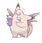  :d clefable commentary cup disposable_cup flyingrotten full_body grimace_shake_(meme) highres holding holding_cup meme no_humans open_mouth pointing pokemon pokemon_(creature) simple_background smile standing white_background 