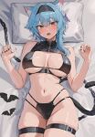  1girl absurdres animal_ear_fluff animal_ears bikini black_bikini black_hairband blue_hair blush breasts cat_ears cat_tail chain eula_(genshin_impact) genshin_impact hair_between_eyes hair_ornament hairband highres large_breasts looking_at_viewer medium_breasts medium_hair navel nvl skindentation solo swimsuit tail thick_thighs thigh_strap thighhighs thighs yellow_eyes 