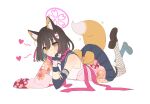  absurdres animal_ear_fluff animal_ears animal_hair_ornament asymmetrical_legwear blue_archive brown_hair commentary_request eyeshadow fishnet_thighhighs fishnets fox_ears fox_girl fox_hair_ornament fox_tail full_body gloves hair_ornament halo hand_on_own_chin head_rest heart highres izuna_(blue_archive) japanese_clothes kimono legs_up loafers looking_at_viewer lying makeup on_stomach partial_commentary partially_fingerless_gloves pink_eyeshadow pink_scarf pleated_skirt pom_pom_(clothes) pom_pom_hair_ornament print_kimono rui scarf school_uniform serafuku shirt shoes short_hair skirt sleeveless sleeveless_shirt smile tail thighhighs white_background 