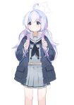  1girl :d ahoge backpack bag bag_charm beads black_coat blue_archive blue_hair charm_(object) coat commentary_request cram960 full_body grey_skirt hair_beads hair_between_eyes hair_bobbles hair_ornament hair_scrunchie halo highres kneehighs light_blue_hair long_hair long_sleeves looking_at_viewer low_twintails midriff midriff_peek multicolored_hair navel open_clothes open_coat pink_hair pleated_skirt purple_eyes purple_hair reisa_(blue_archive) school_uniform scrunchie serafuku shoes sidelocks simple_background skirt smile sneakers socks solo star_(symbol) star_hair_ornament streaked_hair symbol-shaped_pupils twintails two-tone_hair v-shaped_eyebrows white_background 