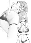  1girl absurdres adjusting_clothes adjusting_swimsuit arm_strap arm_under_breasts ass ass_focus ass_visible_through_thighs bare_shoulders bikini blush breasts cleavage collarbone embarrassed eyelashes full-face_blush go-toubun_no_hanayome greyscale hair_over_one_eye highres kosmos_beta large_breasts legs long_hair looking_at_viewer looking_back monochrome nakano_miku navel o-ring o-ring_bikini parted_lips sideboob sidelocks simple_background skindentation smile solo stomach straight_hair swimsuit thigh_gap thigh_strap thighs white_background 