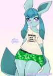  anthro blue_body blue_fur blue_hair boxers_(clothing) bulge clothed clothing eeveelution front_view fur gender_symbol generation_4_pokemon girly glaceon hair male microsoft minecraft mojang nintendo partially_clothed pokemon pokemon_(species) purple_eyes shirt smile solo symbol t-shirt text text_on_clothing text_on_shirt text_on_topwear topwear toxicmilkyx underwear xbox_game_studios 