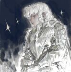  1boy armor berserk blue_background closed_mouth griffith_(berserk) hair_between_eyes highres horro26810047 long_hair male_focus profile shoulder_armor solo star_(symbol) white_hair 