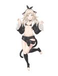  1girl absurdres animal_ears bell belt bikini black_bikini black_choker black_jacket black_nails black_shorts black_socks blonde_hair blue_eyes breasts cat_ears cat_tail choker commission cropped_jacket frilled_sleeves frills full_body fur_collar hair_ribbon hands_up highleg highres jacket jingle_bell keibeam leg_up long_hair long_sleeves looking_at_viewer loose_belt micro_shorts nail_polish navel open_clothes open_jacket open_mouth original ribbon second-party_source shorts simple_background small_breasts socks solo stomach string_bikini swimsuit tail thighs toeless_legwear toenail_polish toenails toes white_background wide_sleeves 