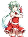  1girl bow cowboy_shot dress elf fur-trimmed_dress fur_trim gloves goblin_slayer! green_eyes green_hair grin hair_bow hand_up high_elf_archer_(goblin_slayer!) highres kankitukou long_hair looking_at_viewer panties pointy_ears red_bow red_dress red_gloves santa_dress smile solo strapless strapless_dress underwear upskirt w white_panties 