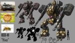  1boy 1girl arm_cannon bee beehive bug character_name comparison concept_art english_commentary haonfest highres hive leaf mecha military_vehicle missile_pod motor_vehicle original photo-referenced photo_(medium) reactive_armor robot science_fiction sketch tank variations walker weapon 