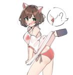  1girl 1other ? aa211108 animal_ears ass bikini blush breasts brown_hair cat_ears clothes_lift from_side idolmaster idolmaster_cinderella_girls lifted_by_another looking_at_another maekawa_miku medium_breasts orange_bikini producer_(idolmaster) see-through see-through_shirt shirt shirt_lift shirt_tug side-tie_bikini_bottom simple_background spoken_question_mark swimsuit white_background white_shirt 