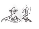  31_minutos 4:3 anthro ape chimpanzee cigar clothed clothing d0ncassidy digital_media_(artwork) duo front_view haplorhine hi_res juan_carlos_bodoque lagomorph leporid long_ears looking_at_another male mammal monochrome necktie notched_ear pan_(genus) pattern_clothing pattern_shirt pattern_topwear primate rabbit shirt simple_background sketch smoking striped_clothing striped_shirt striped_topwear stripes suit topwear tulio_(31_minutos) white_background 