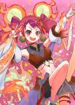  1girl armpits bare_shoulders bell bell_earrings bike_shorts crop_top duel_monster earrings feet_out_of_frame fire ha-re_the_sword_mikanko hands_up highres jewelry midriff navel noppe12792533 open_mouth purple_hair red_eyes red_hair smile solo yu-gi-oh! 