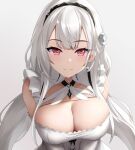  1girl asanagi_shion azur_lane bare_shoulders breasts breasts_squeezed_together cleavage closed_mouth collarbone downblouse dress frills from_above grey_background grey_hair hairband large_breasts long_hair looking_at_viewer red_eyes scylla_(azur_lane) sidelocks simple_background skindentation smile solo star-shaped_pupils star_(symbol) symbol-shaped_pupils tsurime twintails v_arms very_long_hair white_dress white_hair 