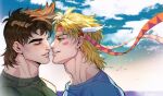  2boys battle_tendency blonde_hair brown_hair caesar_anthonio_zeppeli eyelashes facial_mark feather_hair_ornament feathers green_eyes hair_ornament headband highres imminent_kiss jojo_no_kimyou_na_bouken joseph_joestar joseph_joestar_(young) male_focus multiple_boys profile sky spadelake triangle_print yaoi 