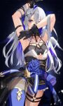  1girl amane_kanata amane_kanata_(5th_costume) arm_strap arm_up armpits asymmetrical_hair black_background black_collar black_dress black_gloves blue_flower blue_hair blue_rose blue_thighhighs collar colored_inner_hair commentary corset covered_mouth cowboy_shot dress flat_chest flower frilled_gloves frills gloves gold_trim grey_hair hair_between_eyes hair_ornament halo hand_in_own_hair heart_o-ring highres hololive lace_trim long_hair looking_at_viewer multicolored_hair o-ring o-ring_top official_alternate_costume one_eye_covered purple_eyes rose simple_background single_hair_intake single_thighhigh solo standing thigh_strap thighhighs thomas_8000 two-tone_hair virtual_youtuber 