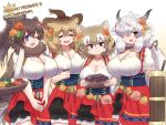  4girls :d animal_ears anniversary apple basket black_horns blue_eyes bodice breasts brown_eyes brown_hair cleavage closed_eyes closed_mouth copyright_name cowboy_shot dirndl double-parted_bangs elephant_ears empty_eyes fang flower food food_on_face fruit fur_scarf german_clothes grey_horns hair_between_eyes hair_flower hair_ornament hair_over_one_eye hair_ribbon high_ponytail highres holding holding_food horns huge_breasts jewelry kemono_friends kemono_friends_3 leaf_hair_ornament light_brown_hair lion lion_(kemono_friends) long_bangs long_hair looking_at_viewer mammoth_(kemono_friends) mo23 multicolored_hair multicolored_horns multiple_girls official_alternate_costume one_eye_closed open_mouth own_hands_together ox_ears ox_horns pendant ribbon rose scarf smile steam sweet_potato thylacine_(kemono_friends) two-tone_hair underbust v_arms very_long_hair white_hair yak_(kemono_friends) 