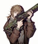  1boy apex_legends blue_eyes brown_hair brown_jacket grey_sweater gun highres holding holding_gun holding_weapon jacket kanae_(nijisanji) long_sleeves looking_at_viewer low_ponytail male_focus natsu_(rodysanp) nijisanji open_clothes open_jacket short_ponytail simple_background solo sweater triple_take twitter_username virtual_youtuber weapon white_background 