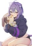  1girl absurdres ahoge akuto_(akuto_desu) animal_ear_fluff animal_ears black_hoodie black_panties blush cat_ears cat_girl cat_tail character_doll cheek_squash frilled_panties frills hair_between_eyes half-closed_eyes highres hololive hood hoodie hugging_doll hugging_object inugami_korone looking_at_viewer nekomata_okayu nekomata_okayu_(1st_costume) no_pants panties purple_eyes purple_hair seiza sitting solo tail underwear upper_body virtual_youtuber white_background 