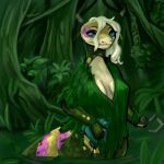  anthro blue_eyes female grass_skirt green_background hair lizard lostwisdom reptile scales scalie simple_background solo swamp white_hair yellow_body yellow_scales 