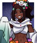  abs asukaaasuu candy_hair_ornament dark-skinned_female dark_skin fire_emblem fire_emblem_engage fire_emblem_heroes food-themed_hair_ornament ghost_costume ghost_hair_ornament hair_ornament halloween_costume highres looking_at_viewer midriff navel official_alternate_costume sleeves_past_fingers sleeves_past_wrists smile star-shaped_pupils star_(symbol) symbol-shaped_pupils timerra_(fire_emblem) timerra_(halloween)_(fire_emblem) 