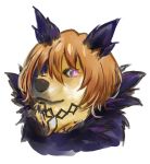  1girl animal_ears closed_mouth dainatsu dog doge don_quixote_(limbus_company) e.g.o_(project_moon) feather_trim glowing glowing_eye hair_between_eyes jewelry limbus_company looking_at_viewer meme necklace one_eye_covered orange_hair project_moon purple_eyes realistic shiba_inu short_hair simple_background smile solo white_background 