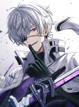  1boy amamiya_reiji_(tokyo_aliens) azuma_hatori black_gloves black_shirt earrings eyepatch finger_to_mouth gloves hand_up holding holding_sword holding_weapon jacket jacket_on_shoulders jewelry looking_at_viewer male_focus one_eye_covered open_mouth purple_eyes shirt short_hair shushing smile solo sword tokyo_aliens weapon white_background white_hair white_jacket 
