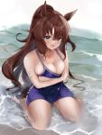  1girl animal_ears arms_under_breasts artist_name bare_shoulders blue_eyes blush breasts brown_hair cleavage commentary_request competition_school_swimsuit highres horse_ears horse_girl large_breasts long_hair looking_at_viewer maruzensky_(umamusume) ocean one-piece_swimsuit ponytail purple_one-piece_swimsuit school_swimsuit sitting smile solo swimsuit tracen_swimsuit umainu_2002 umamusume wariza 