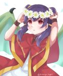  1girl blush dragon_girl dragon_wings dress fire_emblem fire_emblem:_the_sacred_stones fire_emblem_heroes flower flower_on_head gold_trim green_wings head_wreath highres kotoriya_kuguri layered_dress looking_up myrrh_(fire_emblem) pale_skin purple_hair red_dress red_eyes white_background white_dress wings wrist_cuffs 