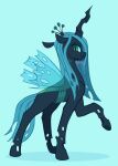  2022 arthropod black_body black_skin blue_background blue_hair blue_tail changeling crown digital_media_(artwork) female feral flightless-fox friendship_is_magic green_eyes green_sclera hair hasbro headgear hi_res hooves horn insect_wings my_little_pony pupils queen_chrysalis_(mlp) raised_hoof signature simple_background slit_pupils smile solo tail wings 