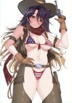  1girl absurdres american_flag_bikini belt bikini black_hair blush breasts brown_belt brown_gloves chaps closed_mouth commission cowboy_hat cowboy_shot cowboy_western cropped_vest english_commentary flag_print gloves gun hand_up hat highleg highleg_bikini highres himeliofon holding holding_gun holding_weapon long_hair lua_asuka medium_breasts navel production_kawaii red_scarf revolver scarf sheriff_badge simple_background skindentation smile solo stomach swimsuit vest weapon white_background yellow_eyes 