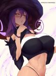  1girl araneesama bare_shoulders blair_(soul_eater) blush breasts cleavage hat large_breasts long_hair looking_at_viewer navel purple_hair solo soul_eater witch witch_hat yellow_eyes 
