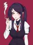  1girl absurdres artist_name bags_under_eyes breasts cigarette dollf gloom_(expression) highres holding holding_cigarette jill_stingray looking_to_the_side medium_breasts necktie open_mouth purple_hair red_eyes red_necktie simple_background smoke smoking solo twintails va-11_hall-a 