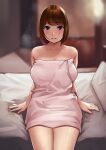  1girl absurdres after_bathing bare_shoulders blurry blurry_background blush brown_hair depth_of_field highres legs_together looking_at_viewer nail_polish naked_towel neko_neko_koneko on_bed original parted_lips purple_eyes red_nails short_hair sitting solo steaming_body towel wet wet_hair 