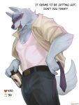  absurd_res alcohol anthro beer beverage blush bulge canid canine canis clothing death_(puss_in_boots) fur grey_body grey_fur hi_res looking_at_viewer male mammal office_clothing red_eyes rosemary02 solo speech_bubble wolf 