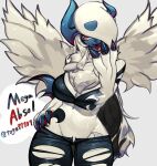  2023 absol absurd_res anthro big_breasts black_clothing blue_body blue_skin bottomwear breasts chest_tuft claws cleavage clothed clothing denim denim_clothing female fur generation_3_pokemon hair hi_res jeans long_hair low_pants mega_absol mega_evolution nintendo no_underwear open_mouth pants pokemon pokemon_(species) red_eyes solo togetoge tongue tongue_out topwear torn_clothing tuft white_body white_fur wings 