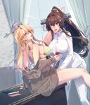  2girls alcohol blonde_hair blush bra breasts brown_eyes brown_hair cherry_blossoms cup drinking_glass drunk flower green_bra green_panties hair_between_eyes hair_flower hair_ornament headgear highres himeyamato holding holding_cup iowa_(kancolle) kantai_collection large_breasts leg_on_another&#039;s_shoulder leg_up long_hair long_sleeves meme multiple_girls open_mouth panties panties_around_toe panties_removed ponytail thighs underwear very_long_hair wine wine_glass yamato_(kancolle) yuri 