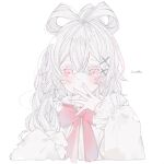  1girl artist_name blush bow bowtie closed_mouth driedflower frilled_sleeves frills hair_between_eyes hair_ornament hair_rings highres long_hair long_sleeves looking_at_viewer original pink_eyes red_bow signature simple_background solo upper_body white_background white_hair x_hair_ornament 