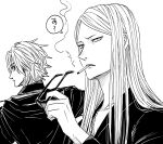  2boys black_jacket blonde_hair cigarette coat daybit_sem_void fate/grand_order fate_(series) greyscale highres jacket long_hair long_sleeves looking_back male_focus monochrome multiple_boys open_clothes open_jacket removing_eyewear simple_background smoke speech_bubble sunglasses tezcatlipoca_(fate) translation_request upper_body wakkamaji white_background 