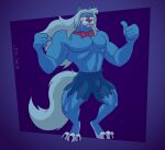  2022 animaniacs anthro blue_body blue_fur blue_hair bottomwear canid canine claws clothed clothing digitigrade fur gavanzude geometric_background gesture hair hi_res long_hair looking_at_viewer male mammal muscular muscular_male navel necktie pants pecs purple_background signature simple_background smile solo thumbs_up topless torn_bottomwear torn_clothing torn_pants warner_brothers were werecanid werecanine werewolf wilford_wolf 