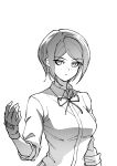  1girl absurdres arm_at_side breasts closed_mouth collared_shirt danganronpa:_trigger_happy_havoc danganronpa_(series) freckles gloves greyscale hand_up highres ikusaba_mukuro large_breasts long_sleeves monochrome neck_ribbon ribbon shirt short_hair solo upper_body youko-shima 