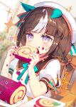  1girl aged_down animal_ears aqua_bow aqua_bowtie blunt_bangs blurry blurry_background bow bowtie brown_hair brown_sailor_collar cake chair commentary ear_covers ear_down eating food food_on_face hair_bow haskap highres hokko_tarumae_(umamusume) holding holding_food horse_ears horse_girl jam messy multicolored_hair orange_bow patori puffy_short_sleeves puffy_sleeves purple_eyes sailor_collar short_sleeves sitting solo striped striped_bow swiss_roll two-tone_bow two-tone_hair umamusume upper_body white_hair 